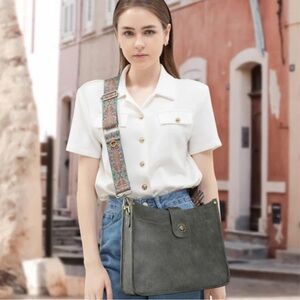 Leather Hobo Handbag Crossbody Purse Shoulder Bucket Two Straps.